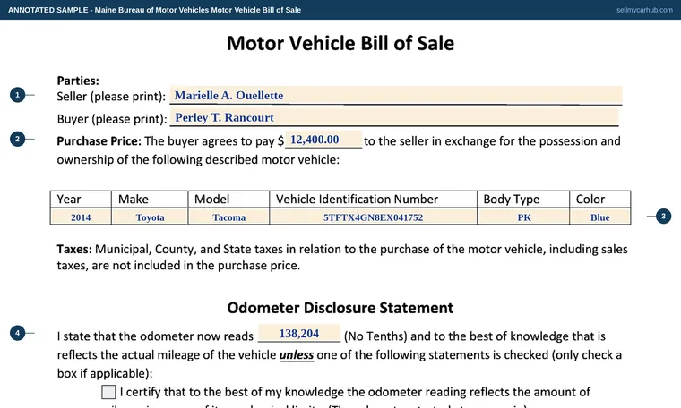 Top of our filled-in example of Maine Bill of Sale, Motor Vehicle Bill of Sale