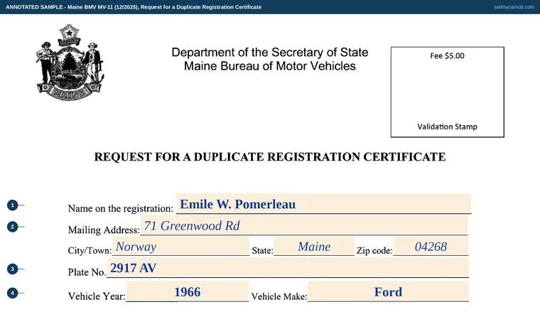 Top of our filled-in example of Maine MV-11, Request for a Duplicate Registration Certificate
