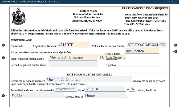 Top of our filled-in example of Maine MVR-60, Plate Cancellation Request