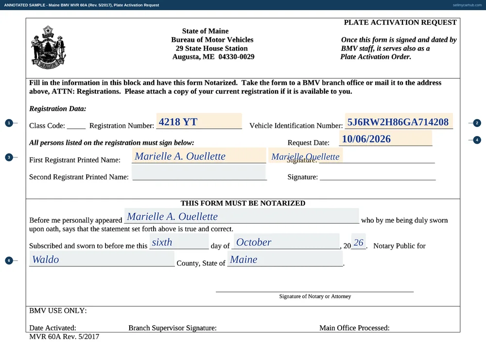 The Maine MVR-60A plate activation request filled in as an annotated sample. The registration data row carries the same registration number as the cancellation sheet against a different vehicle identification number, Marielle A. Ouellette is printed and signed as first registrant with the second registrant lanes greyed out, and the notarisation naming Waldo County, Maine is completed beneath. The BMV use only strip along the foot, headed date activated, is greyed out.