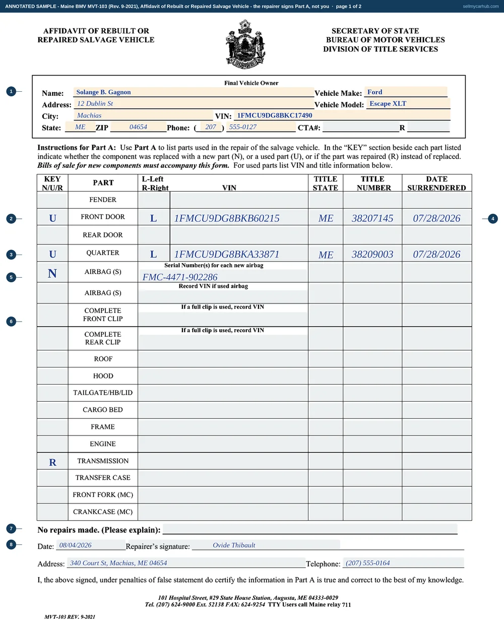 The Maine MVT-103 affidavit of rebuilt or repaired salvage vehicle filled in as an annotated sample. Solange B. Gagnon of Machias is named as final vehicle owner of a 2011 Ford Escape with its identification number. Four rows of Part A are completed: a left front door and a left quarter marked used with their donor vehicle identification numbers, title state, title number and surrender date, a new airbag with a serial number, and a transmission marked repaired. Bold Coast Collision has signed as repairer with an address and telephone number.