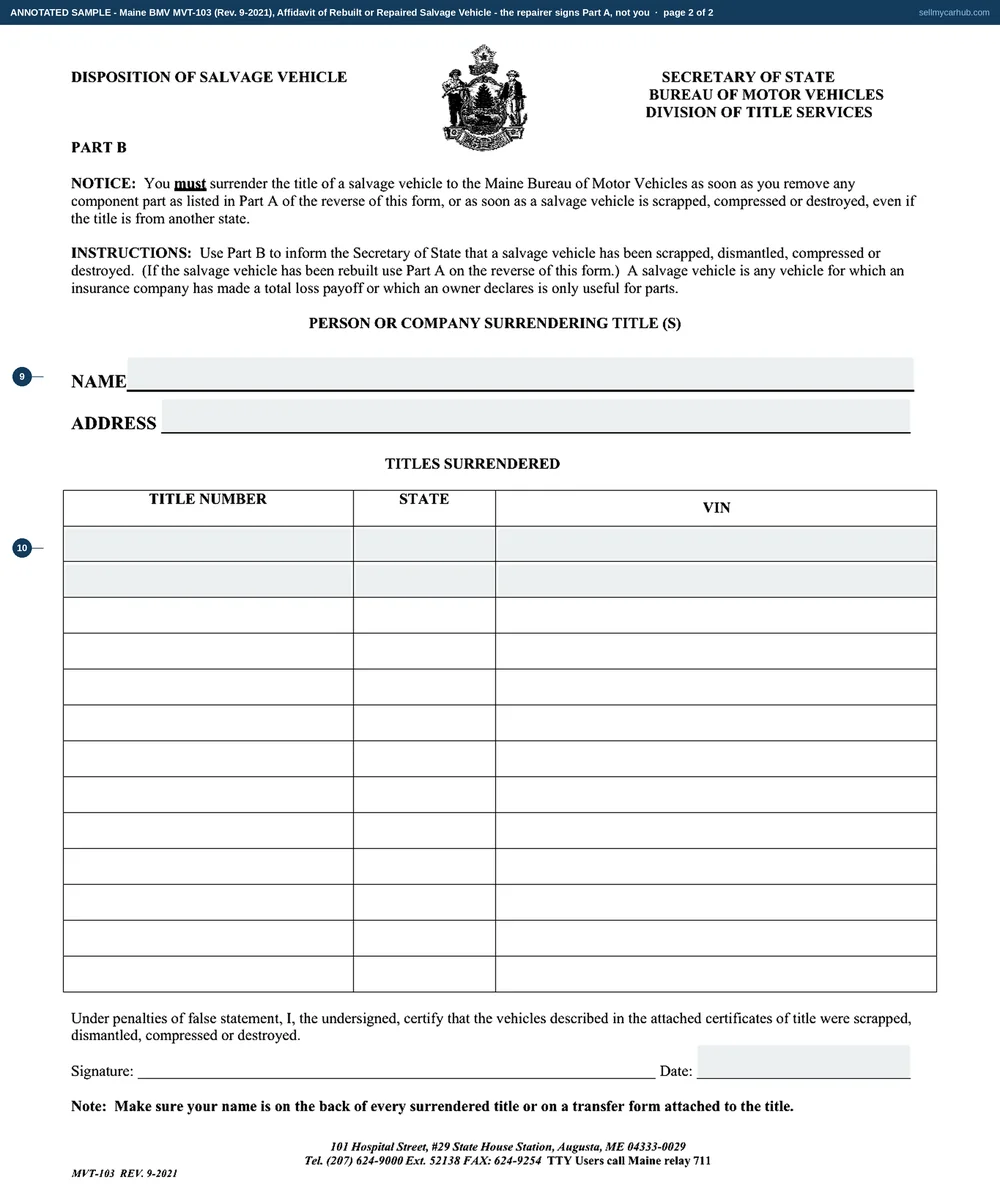 The Maine MVT-103 affidavit of rebuilt or repaired salvage vehicle filled in as an annotated sample. Solange B. Gagnon of Machias is named as final vehicle owner of a 2011 Ford Escape with its identification number. Four rows of Part A are completed: a left front door and a left quarter marked used with their donor vehicle identification numbers, title state, title number and surrender date, a new airbag with a serial number, and a transmission marked repaired. Bold Coast Collision has signed as repairer with an address and telephone number.