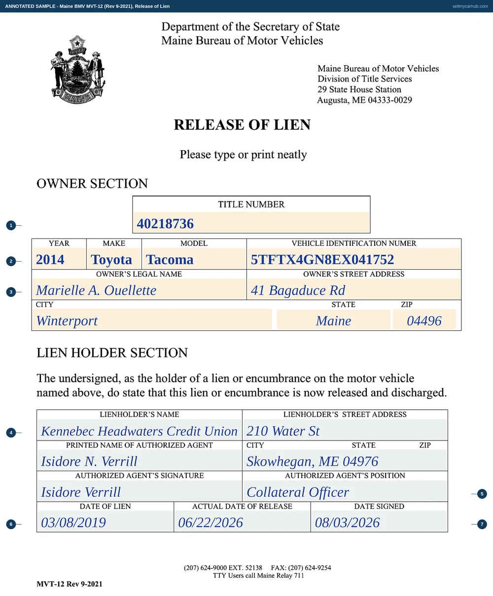 The Maine MVT-12 Release of Lien filled in as an annotated sample. The owner section names Marielle A. Ouellette of Winterport with the title number and the 2014 Toyota Tacoma and its vehicle identification number. The lienholder section is completed by Kennebec Headwaters Credit Union of Skowhegan, with Isidore N. Verrill signing as collateral officer, and the three date lanes carry the date of lien, the actual date of release and the date signed as three different dates.