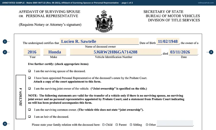 Top of page 1 of our filled-in example of Maine MVT-22, Affidavit of Surviving Spouse or Personal Representative