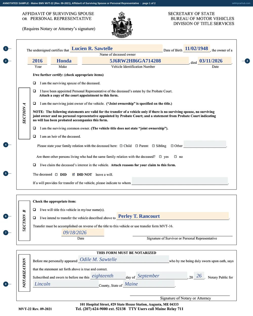 The Maine MVT-22 affidavit of surviving spouse or personal representative filled in as an annotated sample. Lucien R. Sawtelle is named as the deceased owner of a 2016 Honda CR-V with his date of birth and date of death, the DID NOT box is ticked against the question of whether he left a will, the family-relation lanes below the heir box are greyed out as ones a surviving spouse never reaches, Section B names Perley T. Rancourt as the person the vehicle is being transferred to and carries the date, and the notarisation block is completed with Odile M. Sawtelle as the appearer and Lincoln County, Maine.