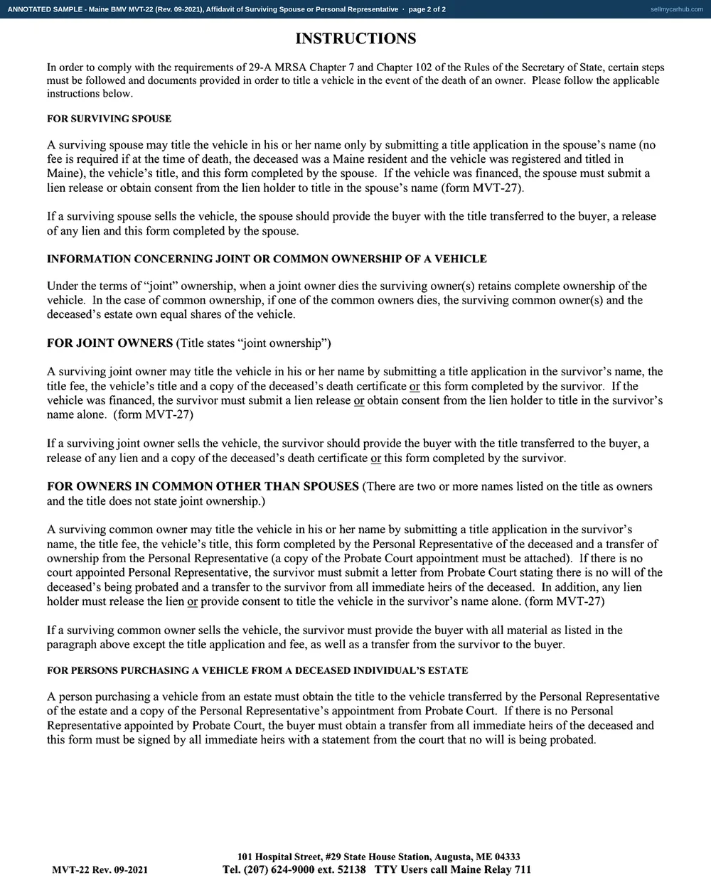 The Maine MVT-22 affidavit of surviving spouse or personal representative filled in as an annotated sample. Lucien R. Sawtelle is named as the deceased owner of a 2016 Honda CR-V with his date of birth and date of death, the DID NOT box is ticked against the question of whether he left a will, the family-relation lanes below the heir box are greyed out as ones a surviving spouse never reaches, Section B names Perley T. Rancourt as the person the vehicle is being transferred to and carries the date, and the notarisation block is completed with Odile M. Sawtelle as the appearer and Lincoln County, Maine.