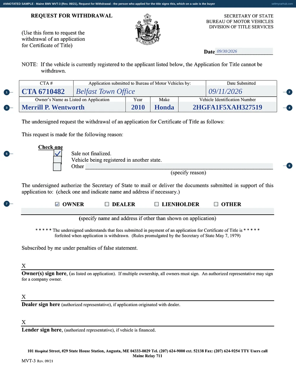 The Maine MVT-3 request for withdrawal filled in as an annotated sample. The application block names the reference number, the office that submitted it and the date, the owner as listed on the application is Merrill P. Wentworth and the vehicle is a 2010 Honda Civic with its identification number. The sale not finalised box is ticked with the other two reasons greyed out, the owner box is ticked for return of the documents, and the three signature rules at the foot - owner, dealer and lender - are left bare for ink.