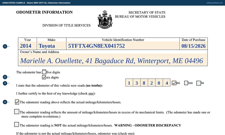 Top of our filled-in example of Maine MVT-32, Odometer Information