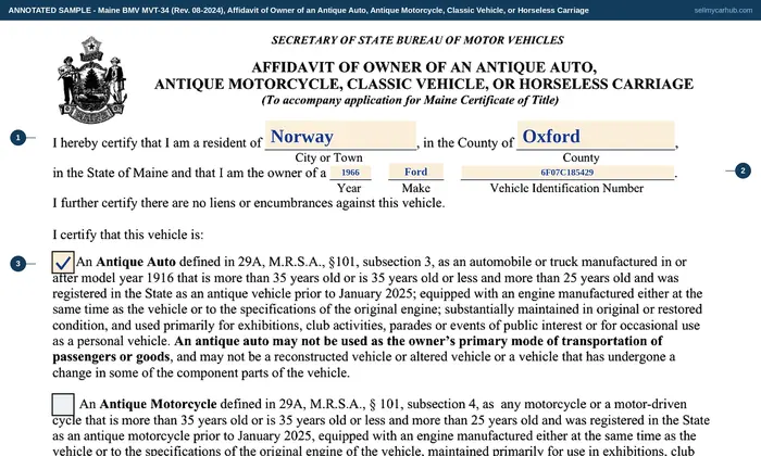 Top of our filled-in example of Maine MVT-34, Affidavit of Owner of an Antique Auto, Antique Motorcycle, Classic Vehicle, or Horseless Carriage