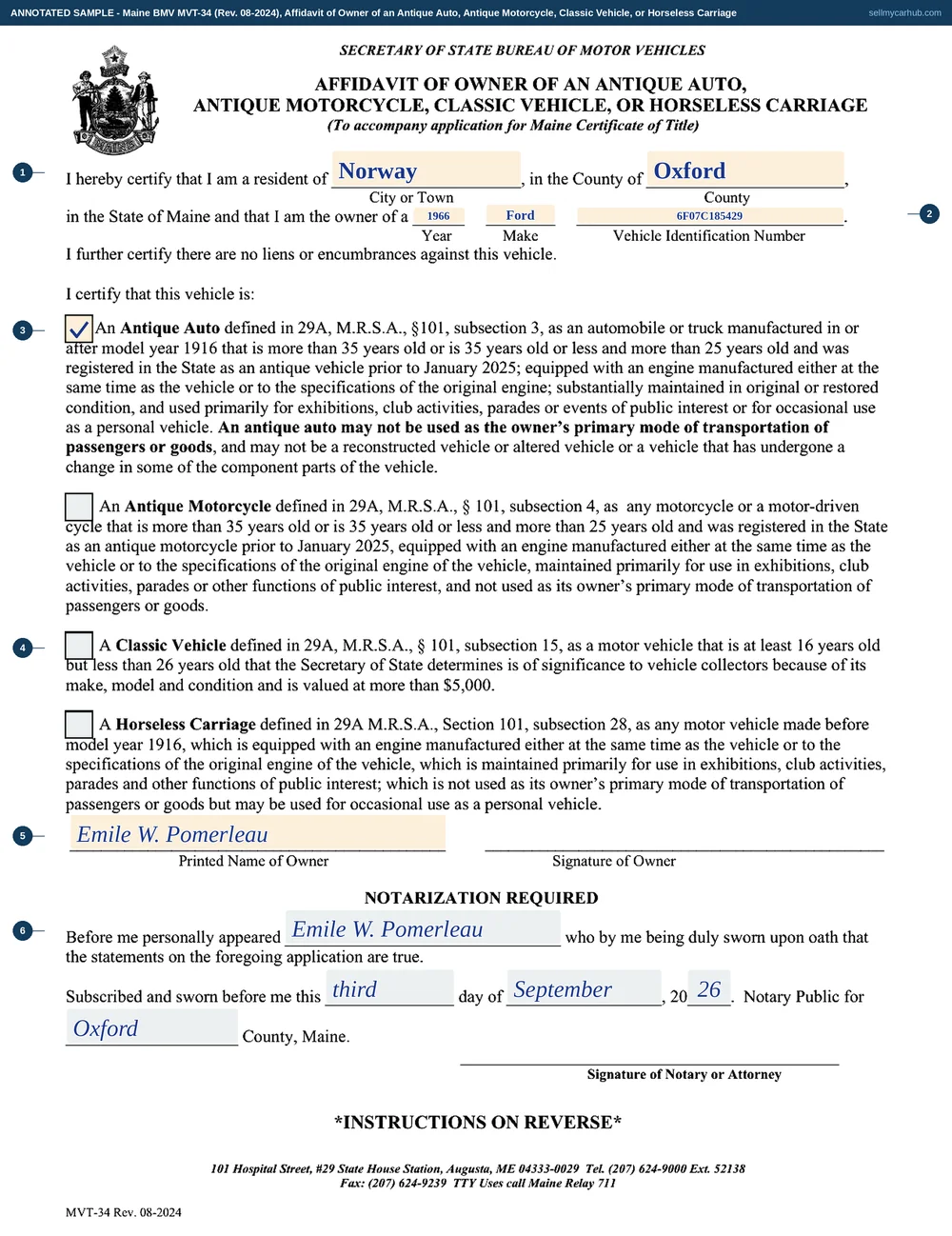 The Maine MVT-34 affidavit for an antique auto filled in as an annotated sample. Emile W. Pomerleau certifies residence in Norway in the County of Oxford and ownership of a 1966 Ford Mustang with its eleven-character vehicle identification number. The antique auto box is ticked and the antique motorcycle, classic vehicle and horseless carriage boxes are greyed out, and the notarisation block beneath carries the appearer's name, the day, the month, the year and Oxford County, with the owner's and the notary's signature rules left bare for ink.