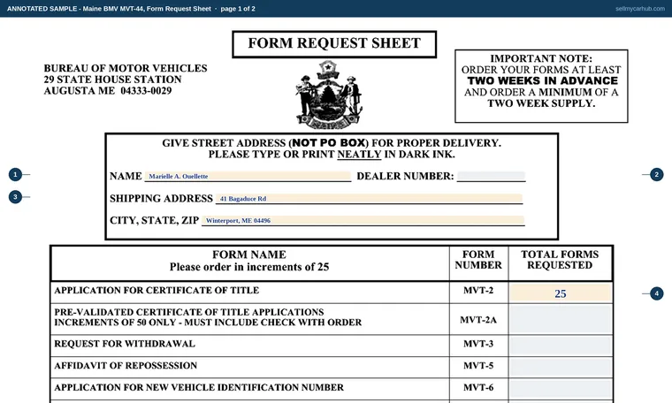 Top of page 1 of our filled-in example of Maine MVT-44, Form Request Sheet
