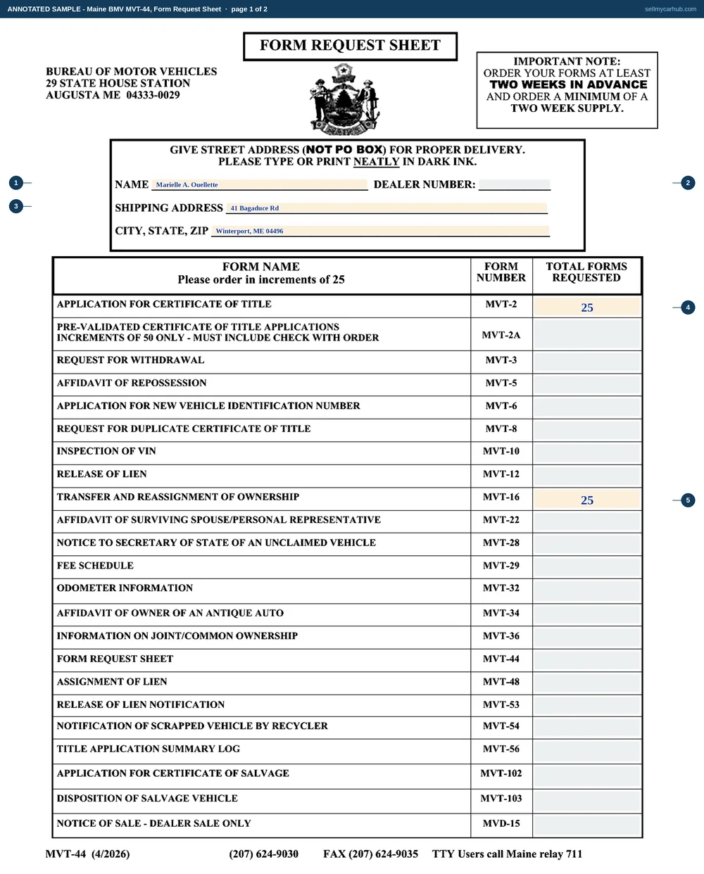 The Maine MVT-44 Form Request Sheet filled in as an annotated sample. The name line reads Marielle A. Ouellette with the dealer number lane empty, the shipping address is a street address in Winterport, and two rows of the order table are completed - twenty-five copies of the MVT-2 application for certificate of title and twenty-five of the MVT-16 transfer and reassignment of ownership. The second page, the credit card payment block, is greyed out as a section a private order never uses.