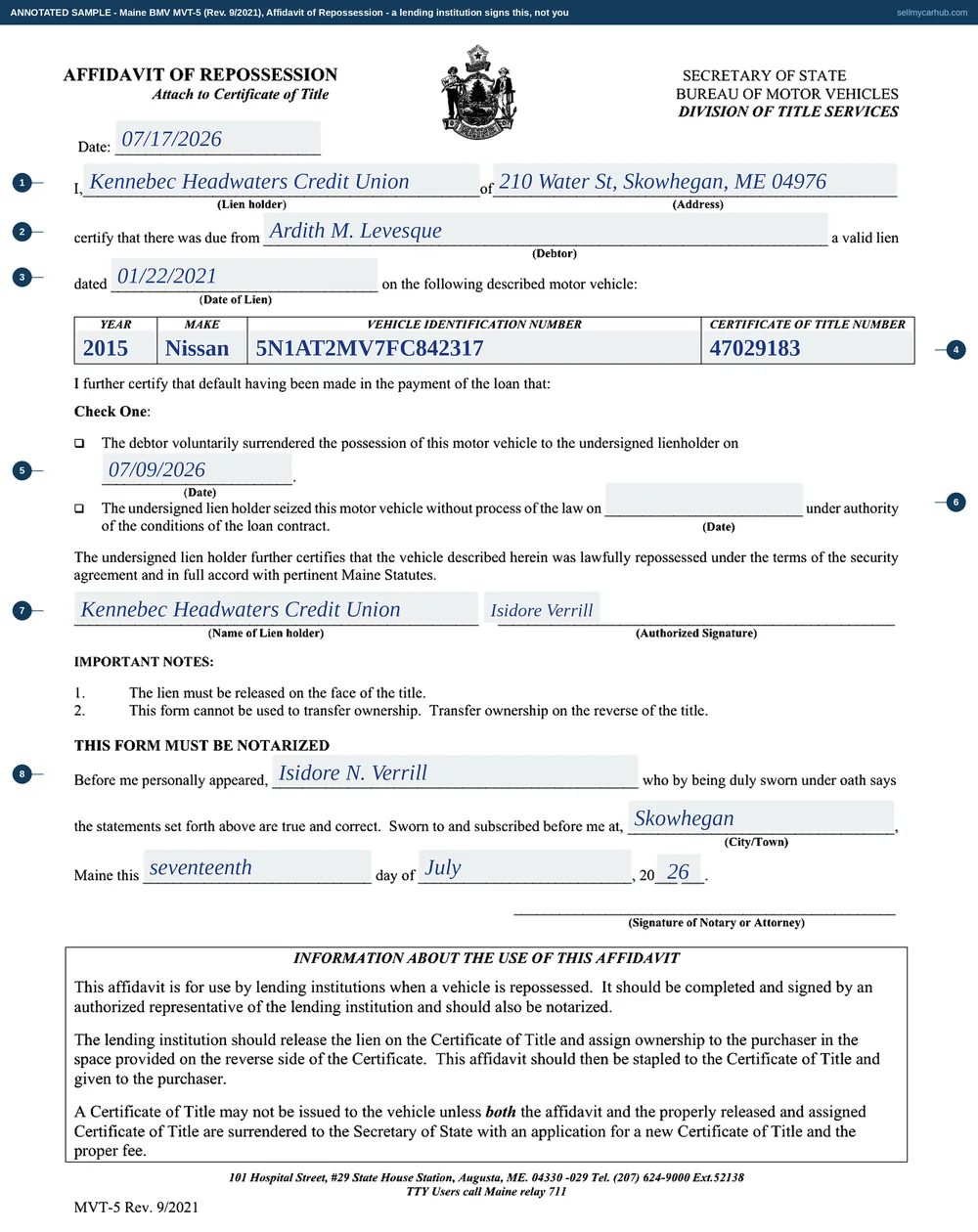 The Maine MVT-5 Affidavit of Repossession filled in as an annotated sample. Kennebec Headwaters Credit Union of Skowhegan certifies a valid lien against Ardith M. Levesque dated January 2021 on a 2015 Nissan Rogue with its vehicle identification number and certificate of title number. The date beside the voluntary surrender wording is completed and the date beside the seizure wording is greyed out, and the notarisation at the foot carries the appearer, the town, the day, the month and the year.