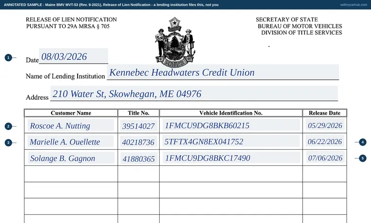 Top of our filled-in example of Maine MVT-53, Release of Lien Notification