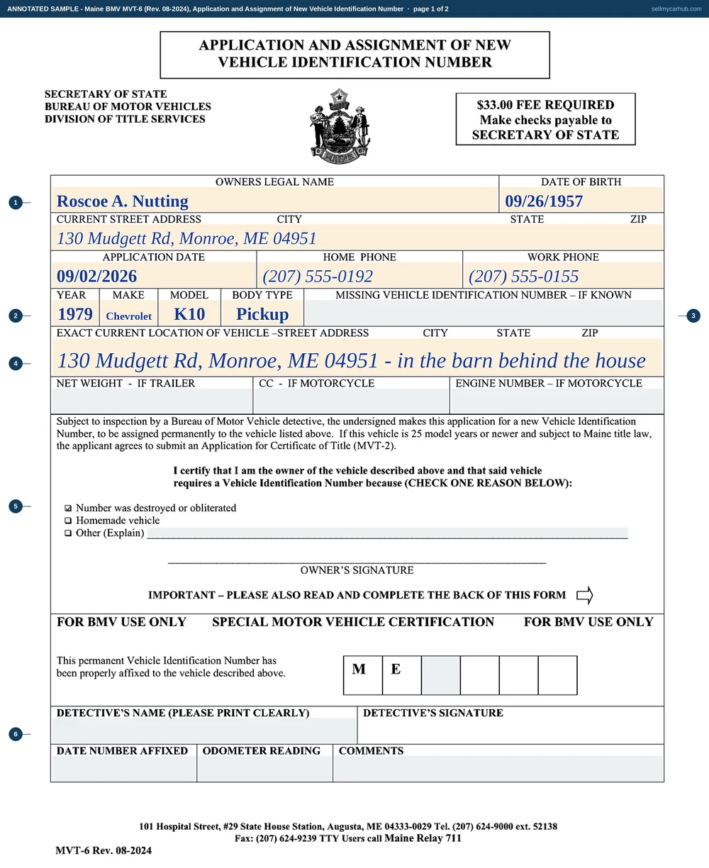 The Maine MVT-6 application and assignment of a new vehicle identification number filled in as an annotated sample. Roscoe A. Nutting of Monroe applies for a 1979 Chevrolet K10 pickup with the missing identification number box left empty, the exact current location given as a street address, and the number was destroyed or obliterated box ticked. The second page lists three parts taken from other vehicles with each donor's identification number, and the Bureau use block at the foot of the first page is greyed out as one the detective completes after the inspection.