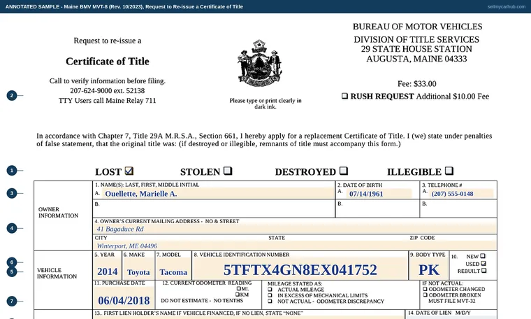 Top of our filled-in example of Maine MVT-8, Request to Re-issue a Certificate of Title