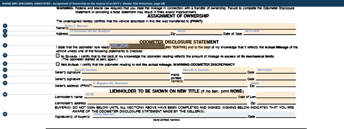The Assignment of Ownership block on the reverse of a Maine certificate of title, annotated and filled in as a sample. The heading warns that federal and Maine law require the mileage to be stated on a transfer of ownership. Row one names the purchaser as Perley T. Rancourt. Row two carries the address 19 Sturtevant Hill Rd, Readfield, a zip of 04355 and a date of sale of 08/15/2026. Inside the ODOMETER DISCLOSURE STATEMENT a green-highlighted blank reads 138,204 followed by the printed words NO TENTHS, with two unticked caution boxes below it, one for a reading in excess of mechanical limits and one for a reading that is not the actual mileage. The seller's row is signed Marielle Ouellette with the name Marielle A. Ouellette hand printed beside it and the same date. A second seller's row is left empty. The seller's address reads 41 Bagaduce Rd, Winterport, zip 04496. Under the heading LIENHOLDER TO BE SHOWN ON NEW TITLE the name lane reads NONE. The last row, signed Perley Rancourt for the buyer, is shaded grey.
