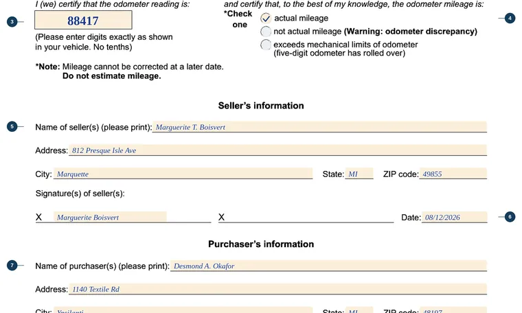 Part of page 1 of our filled-in example of Michigan BDVR-108, Odometer Mileage Statement, showing the filled-in entries