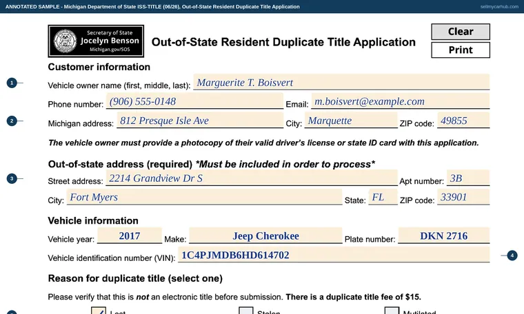 Top of our filled-in example of Michigan ISS-TITLE, Out-of-State Resident Duplicate Title Application