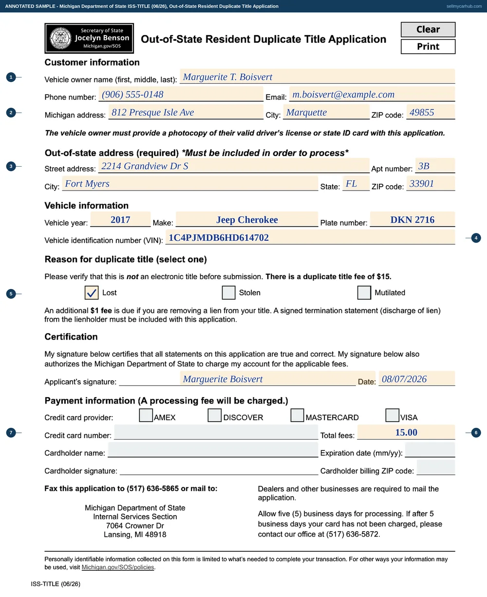 A Michigan ISS-TITLE Out-of-State Resident Duplicate Title Application filled in: vehicle owner Marguerite T. Boisvert with a Michigan address in Marquette and an out-of-state address in Fort Myers, Florida, a 2017 Jeep Cherokee with plate DKN 2716 and VIN 1C4PJMDB6HD614702, the Lost box ticked, total fees of 15 dollars, and the applicant signed and dated 08/07/2026, with the credit card block greyed out.