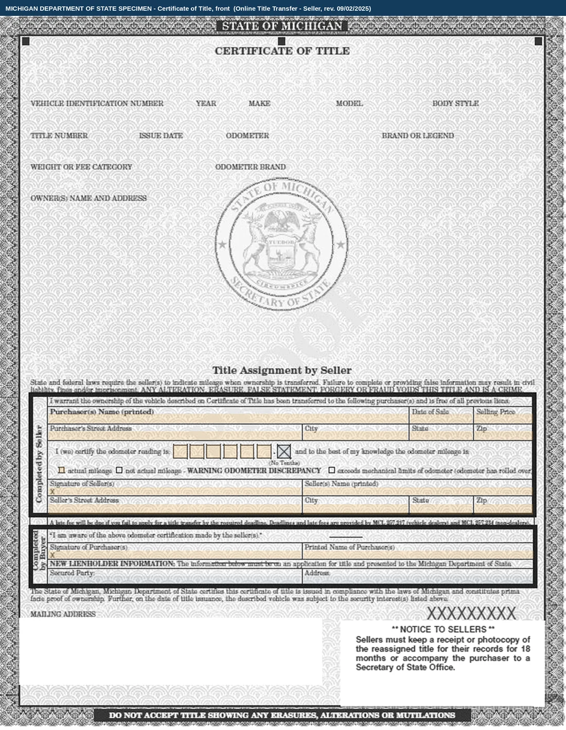 The Michigan Department of State's blank specimen Certificate of Title, watermarked VOID PROOF. The upper two thirds carry the department-printed vehicle identification number, year, make, model, body style, title number, issue date, odometer, brand or legend, weight or fee category, odometer brand and owner's name and address around the state seal. The lower third is shaded amber: a block headed Title Assignment by Seller and a smaller one headed Completed by Buyer, with a New Lienholder Information line under it.