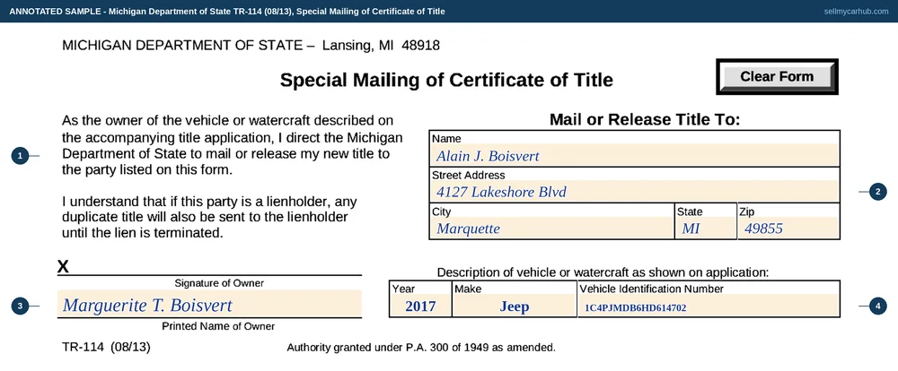 A Michigan TR-114 Special Mailing of Certificate of Title filled in: the title directed to Alain J. Boisvert at 4127 Lakeshore Blvd, Marquette, MI 49855, printed name of owner Marguerite T. Boisvert, and a vehicle description of a 2017 Jeep with VIN 1C4PJMDB6HD614702. The owner's signature rule is left blank because the form carries no signature field.