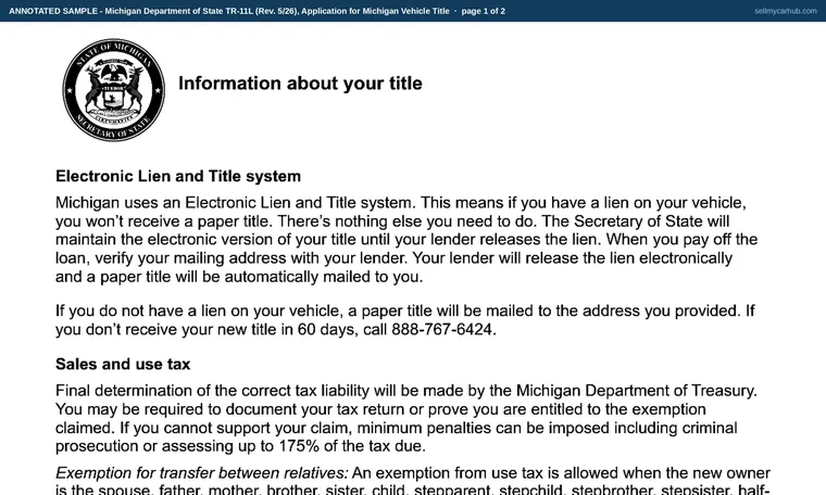Top of page 1 of our filled-in example of Michigan TR-11L, Application for Michigan Vehicle Title