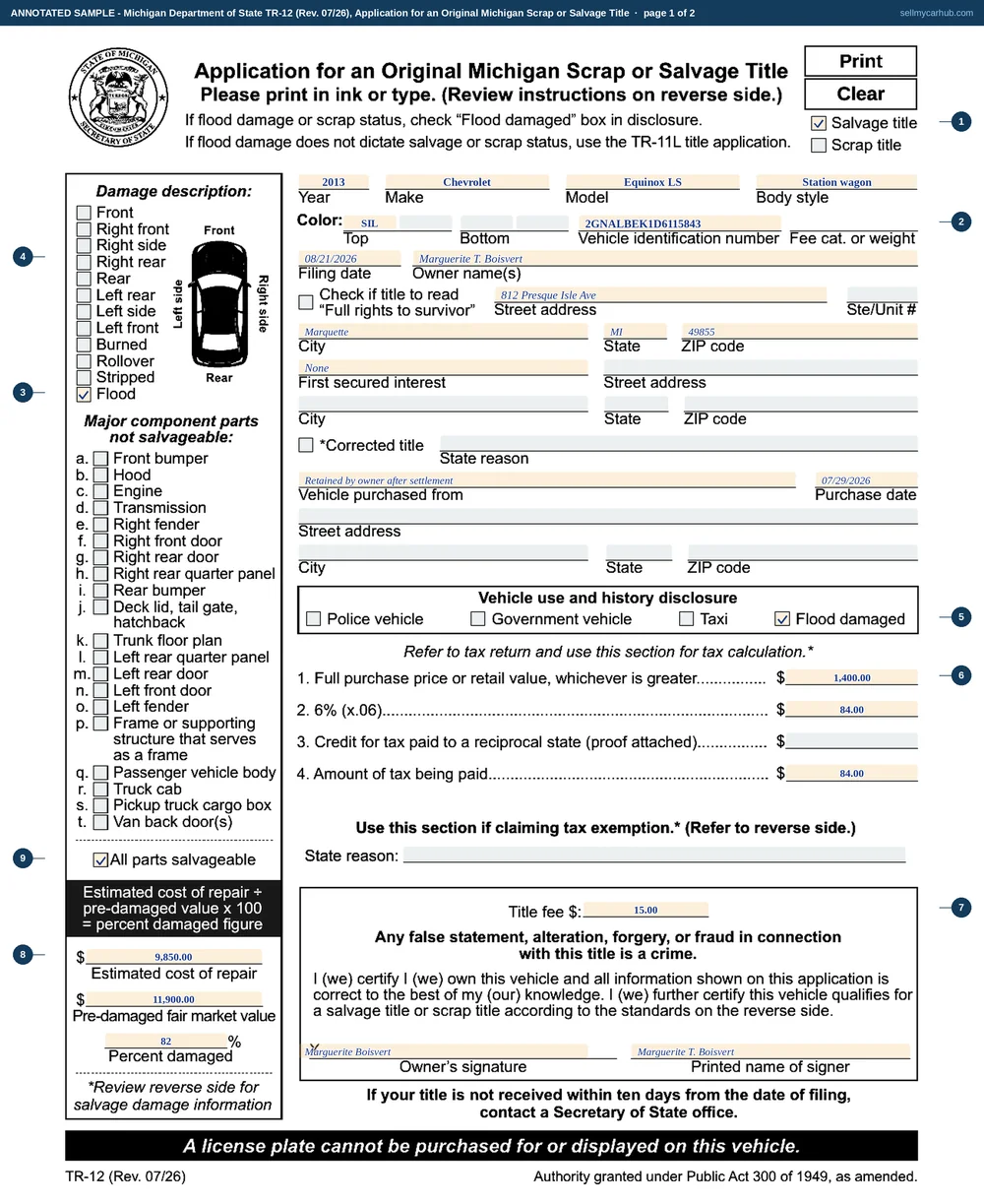 A Michigan TR-12 filled in for a flood-damaged 2013 Chevrolet Equinox LS with VIN 2GNALBEK1D6115843: the Salvage title box ticked, Flood ticked in the damage description, all parts salvageable ticked, owner Marguerite T. Boisvert of Marquette, the vehicle purchased from line reading retained by owner after settlement, a purchase price of 1,400 dollars with 84 dollars of tax, an estimated cost of repair of 9,850 dollars against a pre-damaged value of 11,900 dollars, and 82 percent damaged.