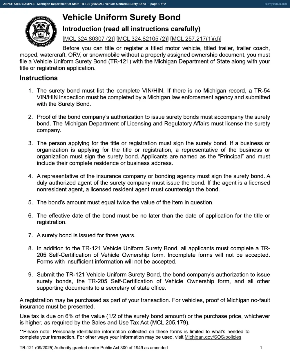 A Michigan TR-121 surety bond filled in: the Vehicle box ticked, a 2019 Subaru Outback with VIN 4S4BSANC5K3327406, principal Marguerite T. Boisvert of Marquette, a bond amount of 27,600 dollars executed 08/19/2026, Straits Indemnity Company named as the authorised surety, and both the principal and the surety's attorney-in-fact signed.