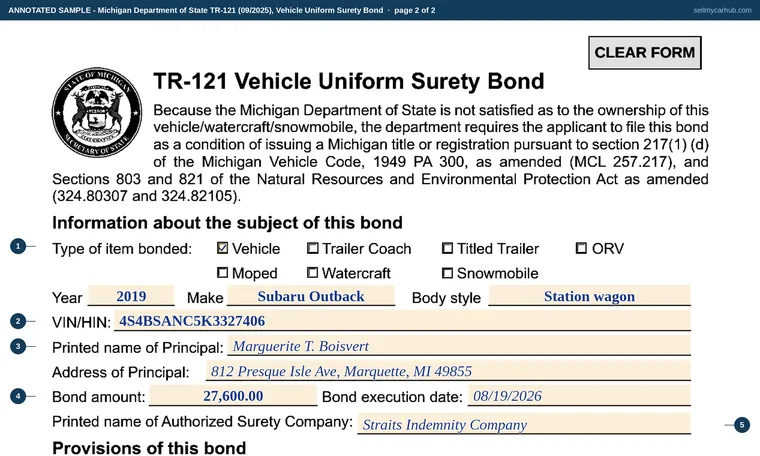 Top of page 2 of our filled-in example of Michigan TR-121, Vehicle Uniform Surety Bond