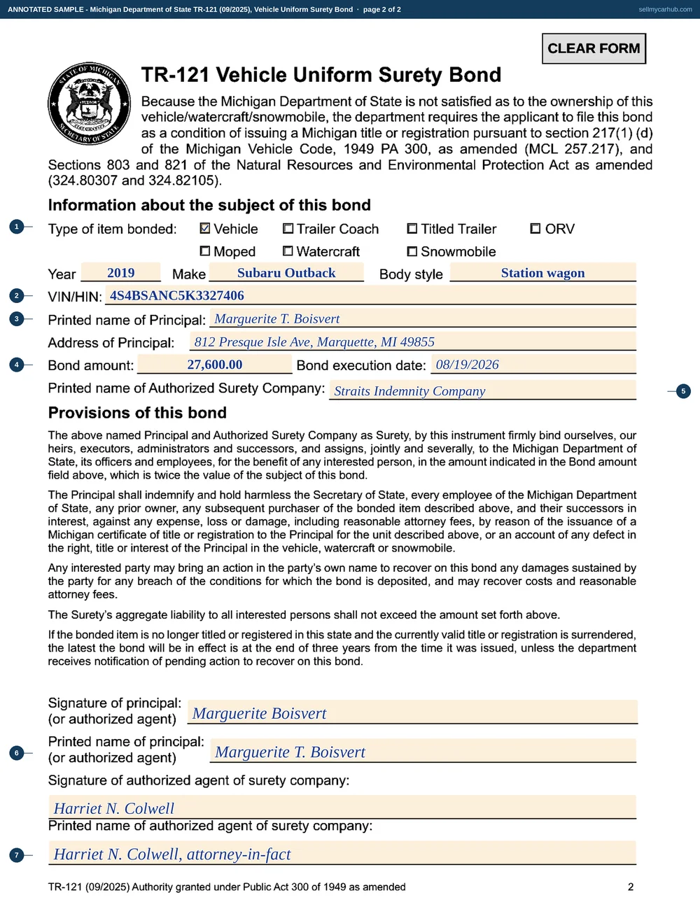 A Michigan TR-121 surety bond filled in: the Vehicle box ticked, a 2019 Subaru Outback with VIN 4S4BSANC5K3327406, principal Marguerite T. Boisvert of Marquette, a bond amount of 27,600 dollars executed 08/19/2026, Straits Indemnity Company named as the authorised surety, and both the principal and the surety's attorney-in-fact signed.