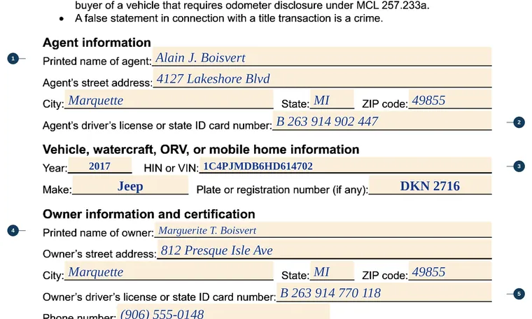 Part of our filled-in example of Michigan TR-128, Appointment of Agent, showing the filled-in entries
