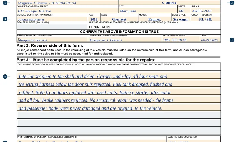 Part of page 1 of our filled-in example of Michigan TR-13A, Application for Salvage Vehicle Inspection, showing the filled-in entries