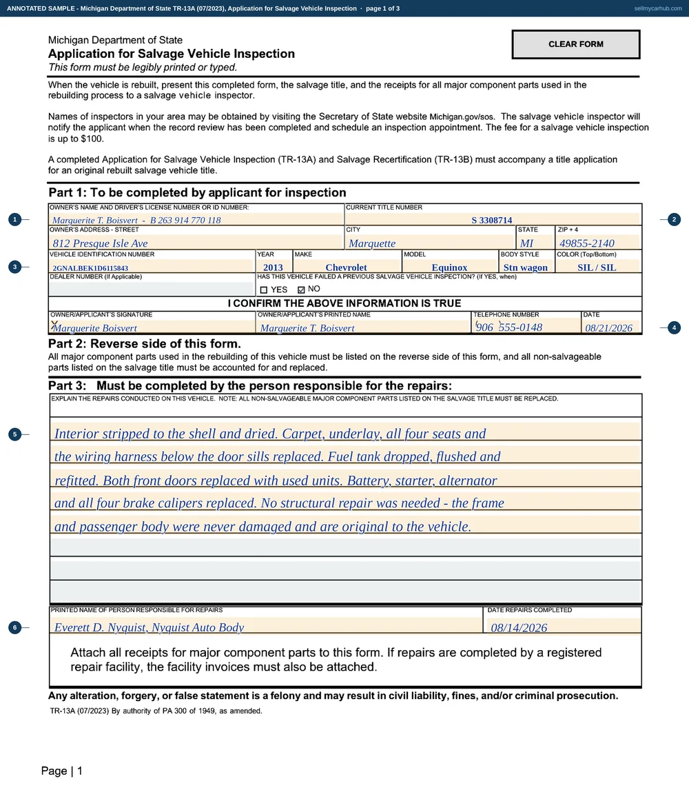 A Michigan TR-13A filled in for a rebuilt 2013 Chevrolet Equinox with VIN 2GNALBEK1D6115843: owner Marguerite T. Boisvert of Marquette with title number S 3308714, the No box ticked against a previous failed inspection, a five-line description of flood repairs including replaced seats, wiring harness, doors and brake calipers, and two door assemblies listed on the reverse with their donor VIN, source and date acquired.