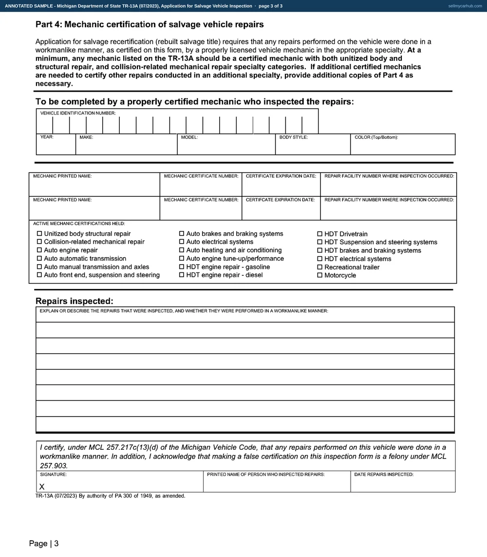 A Michigan TR-13A filled in for a rebuilt 2013 Chevrolet Equinox with VIN 2GNALBEK1D6115843: owner Marguerite T. Boisvert of Marquette with title number S 3308714, the No box ticked against a previous failed inspection, a five-line description of flood repairs including replaced seats, wiring harness, doors and brake calipers, and two door assemblies listed on the reverse with their donor VIN, source and date acquired.