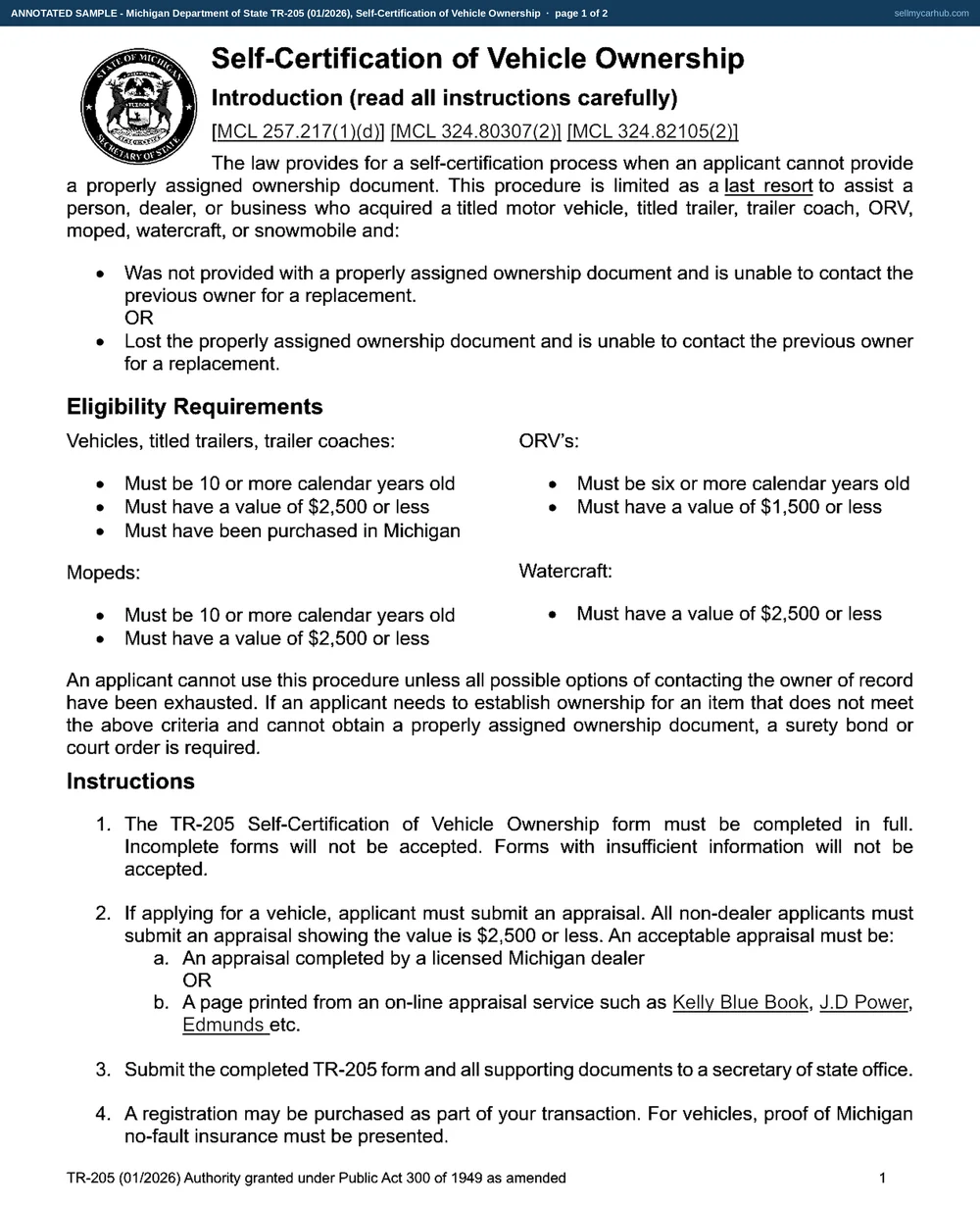 A Michigan TR-205 filled in: the Vehicle box ticked, acquired 14 June 2015 in Gwinn, Marquette County from Theodore R. Lachance, an explanation that the title was never posted, a record of two telephone attempts and a returned letter, a 2004 Pontiac Grand Am with VIN 1G2NF52E14M508913 valued at 1,850 dollars, applicant Marguerite T. Boisvert of Marquette, signed and dated 08/19/2026.