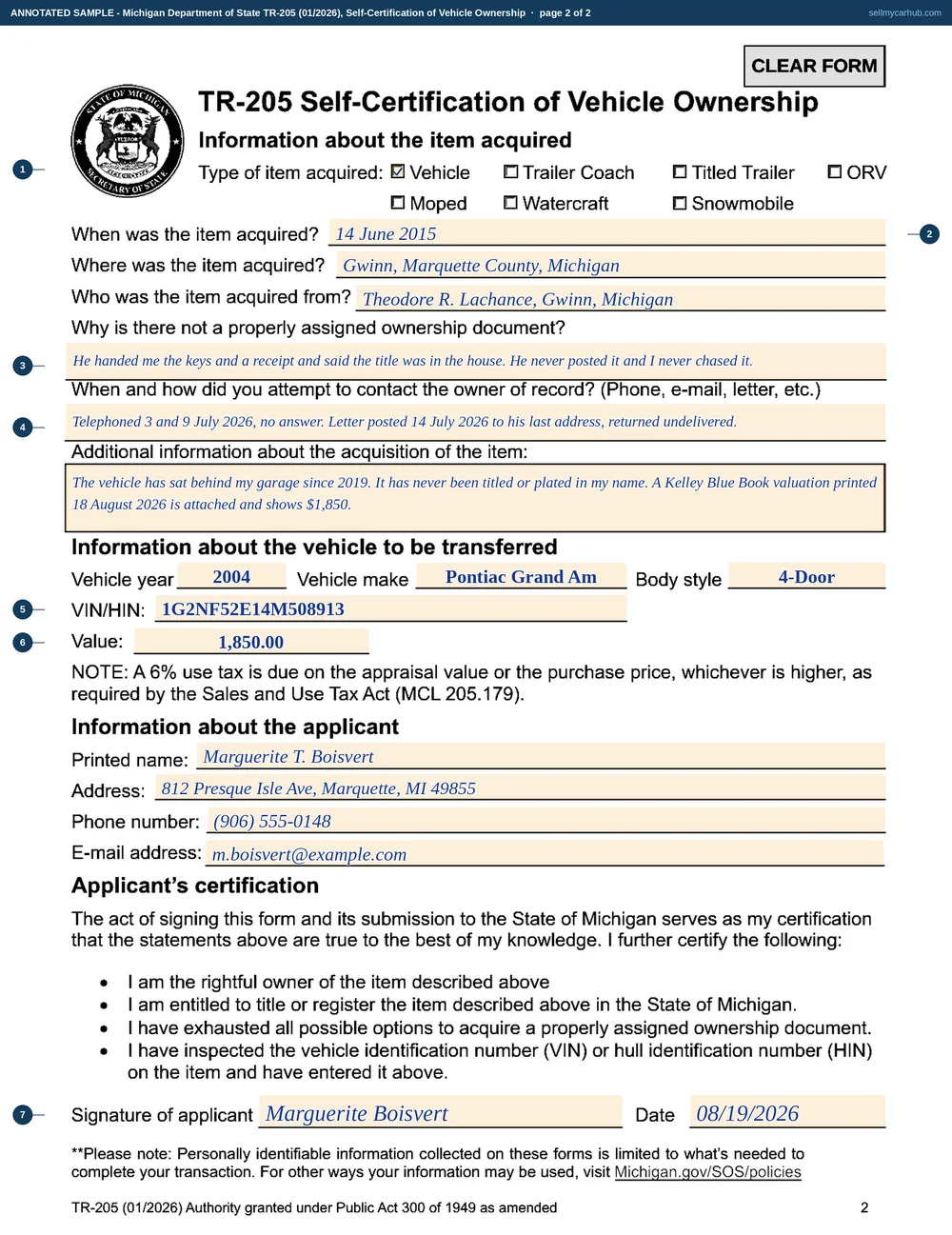 A Michigan TR-205 filled in: the Vehicle box ticked, acquired 14 June 2015 in Gwinn, Marquette County from Theodore R. Lachance, an explanation that the title was never posted, a record of two telephone attempts and a returned letter, a 2004 Pontiac Grand Am with VIN 1G2NF52E14M508913 valued at 1,850 dollars, applicant Marguerite T. Boisvert of Marquette, signed and dated 08/19/2026.