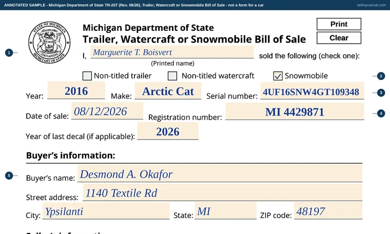 Top of our filled-in example of Michigan TR-207, Trailer, Watercraft or Snowmobile Bill of Sale