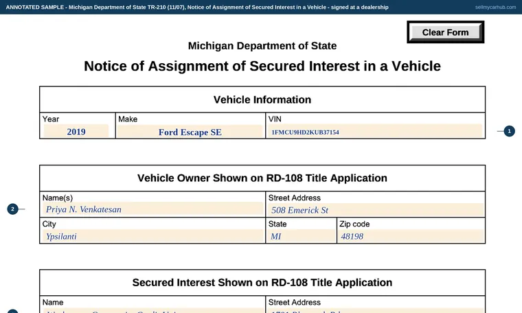 Top of our filled-in example of Michigan TR-210, Notice of Assignment of Secured Interest in a Vehicle