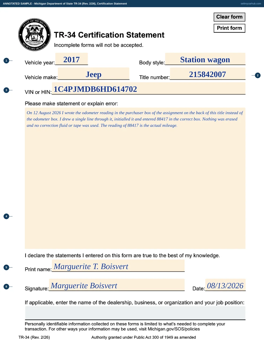 A Michigan TR-34 Certification Statement filled in: vehicle year 2017, body style Station wagon, make Jeep, title number 215842007, VIN 1C4PJMDB6HD614702, and a written explanation that the odometer reading was entered in the purchaser box, struck through with a single line, initialled and re-entered in the correct box with no erasure or correction fluid used, signed by Marguerite T. Boisvert on 08/13/2026.