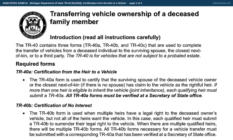 Top of page 1 of our filled-in example of Michigan TR-40, Certification from the Heir to a Vehicle