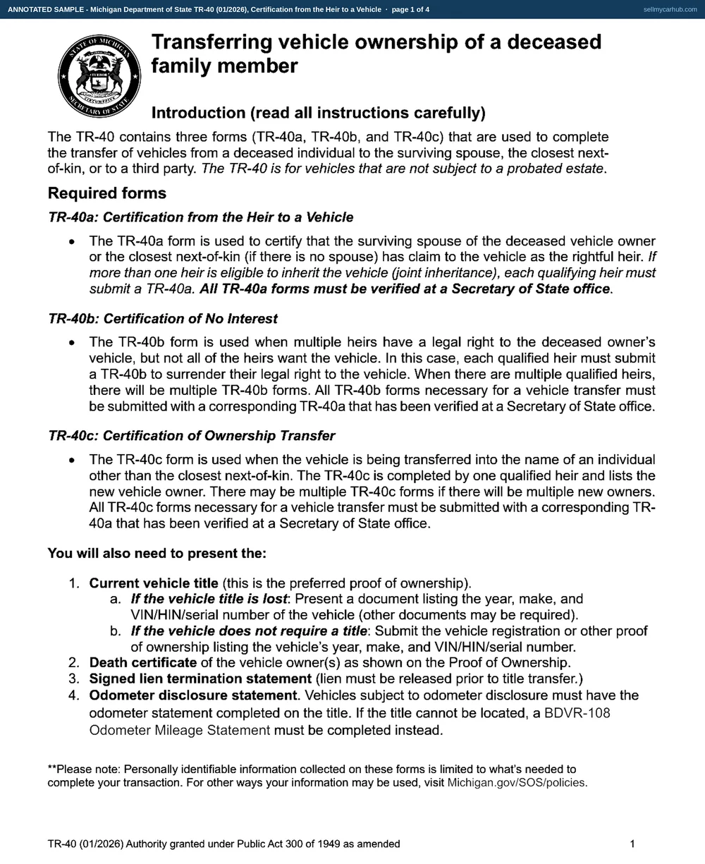 A Michigan TR-40 filled in across its three certifications for a 2011 Buick with VIN 1G4GC5ED5BF204917 and title number 198774063: the TR-40a signed by Marguerite T. Boisvert as the deceased's daughter with the title attached box ticked and the branch verification block left grey, the TR-40b signed by Alain J. Boisvert certifying no interest, and the TR-40c transferring the vehicle to Colette R. Beaudry of Gladstone, Michigan.