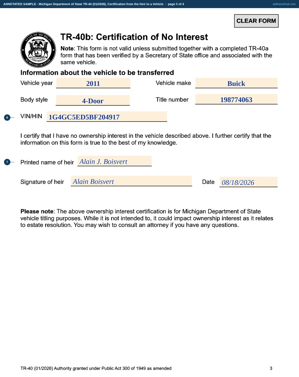A Michigan TR-40 filled in across its three certifications for a 2011 Buick with VIN 1G4GC5ED5BF204917 and title number 198774063: the TR-40a signed by Marguerite T. Boisvert as the deceased's daughter with the title attached box ticked and the branch verification block left grey, the TR-40b signed by Alain J. Boisvert certifying no interest, and the TR-40c transferring the vehicle to Colette R. Beaudry of Gladstone, Michigan.