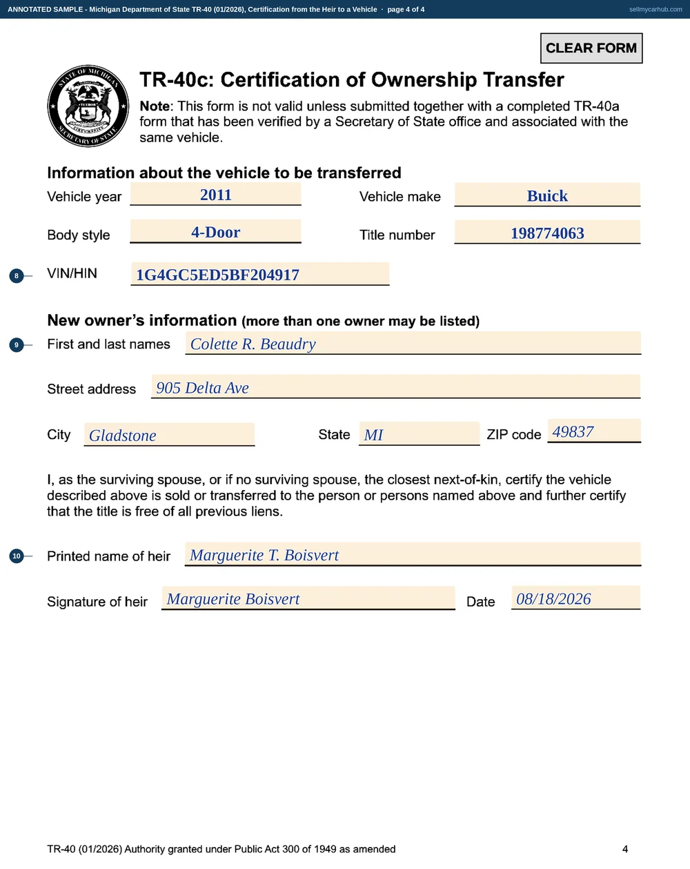 A Michigan TR-40 filled in across its three certifications for a 2011 Buick with VIN 1G4GC5ED5BF204917 and title number 198774063: the TR-40a signed by Marguerite T. Boisvert as the deceased's daughter with the title attached box ticked and the branch verification block left grey, the TR-40b signed by Alain J. Boisvert certifying no interest, and the TR-40c transferring the vehicle to Colette R. Beaudry of Gladstone, Michigan.