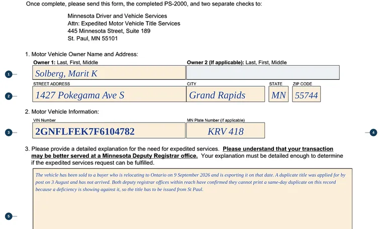 Part of our filled-in example of Minnesota Expedited title request, Request for Expedited Motor Vehicle Title Services, showing the filled-in entries