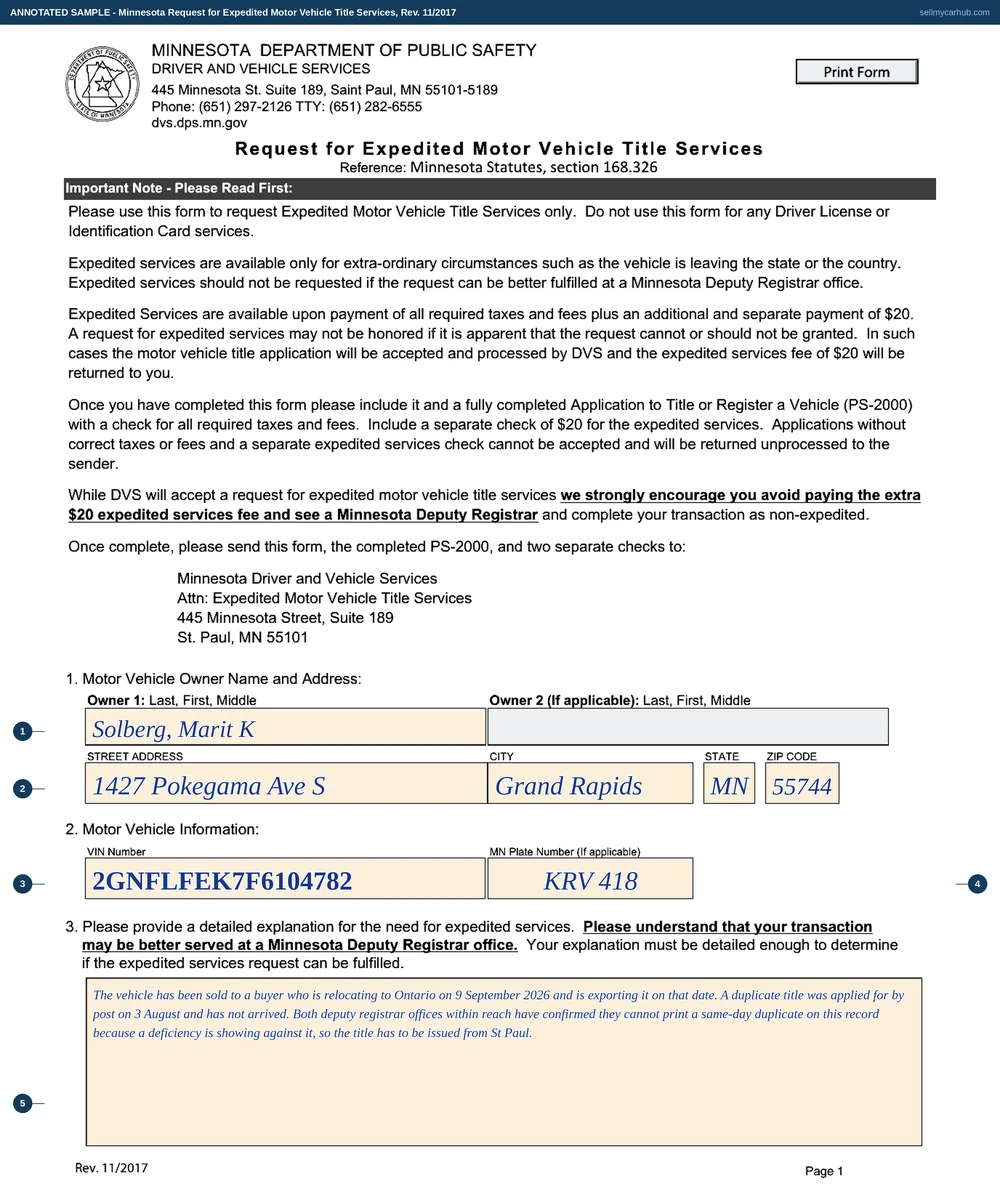 The Minnesota Request for Expedited Motor Vehicle Title Services filled in: owner Marit K. Solberg of Grand Rapids, a 2015 Chevrolet Equinox with VIN 2GNFLFEK7F6104782 and plate KRV 418, and a detailed explanation that the vehicle is being sold to a buyer relocating to Ontario and must be exported before a fixed date.