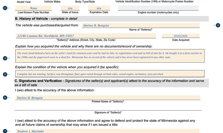 Part of our filled-in example of Minnesota PS2002, Statement of Facts, showing the filled-in entries