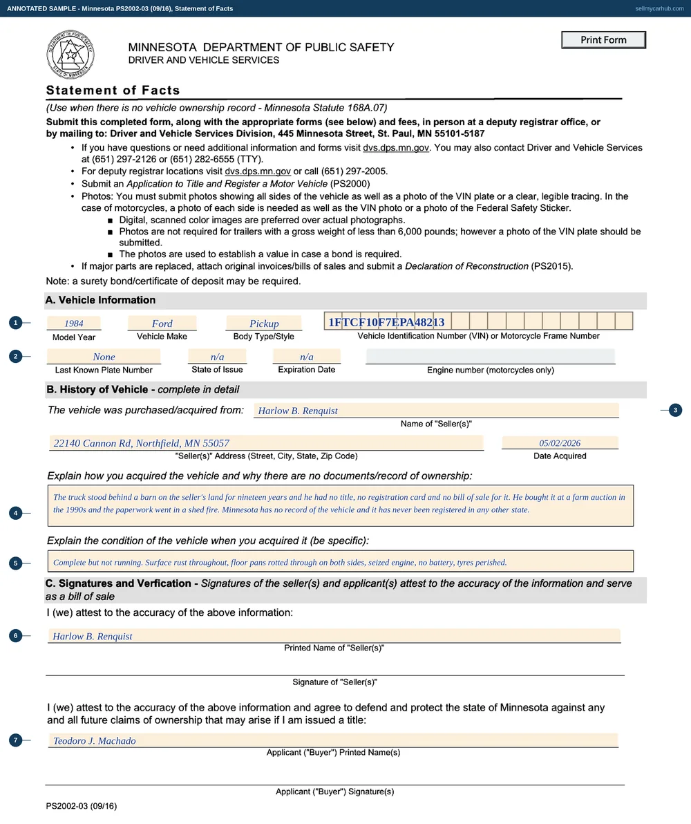 Minnesota form PS2002 filled in: Teodoro J. Machado of Faribault describing how he acquired a 1984 Ford F-150 pickup, VIN 1FTCF10F7EPA48213, from Harlow B. Renquist in May 2026 with no paperwork of any kind, explaining the condition it was in, and signed in section C by both the seller and the applicant.