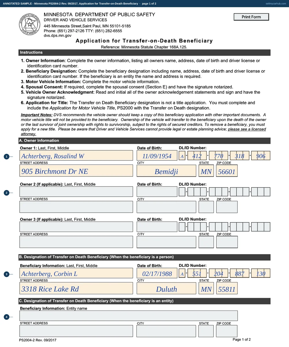 Minnesota form PS2004 filled in: owner Rosalind W. Achterberg of Bemidji designating Corbin L. Achterberg as transfer-on-death beneficiary of a 2022 Subaru Outback, VIN 4S4BTANC4N3216847, plate HDX 706, with the entity beneficiary block left grey and empty, the spousal consent block left grey, and all six owner acknowledgements initialled above a signature rule and notary block that carry no fillable boxes.