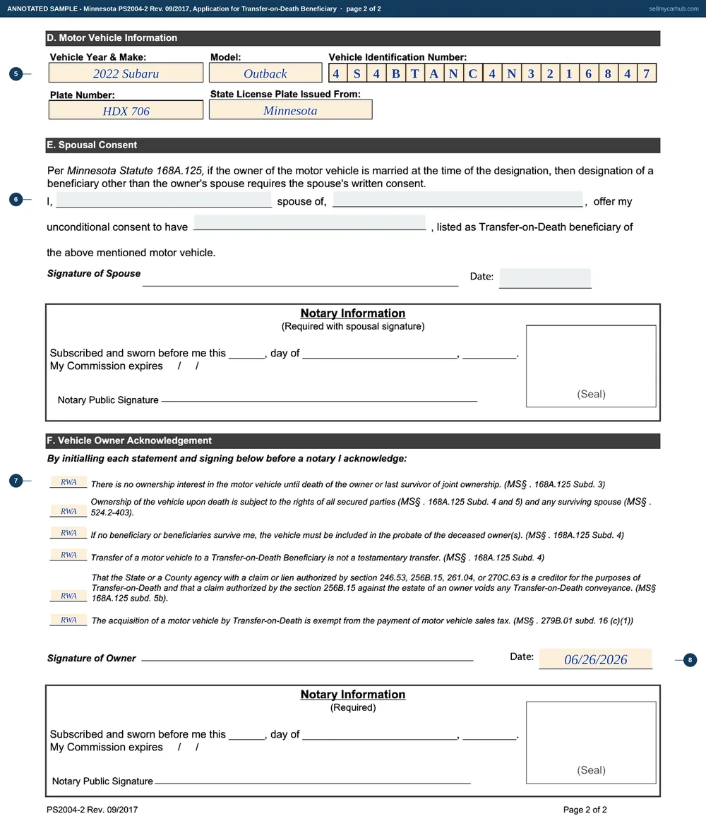 Minnesota form PS2004 filled in: owner Rosalind W. Achterberg of Bemidji designating Corbin L. Achterberg as transfer-on-death beneficiary of a 2022 Subaru Outback, VIN 4S4BTANC4N3216847, plate HDX 706, with the entity beneficiary block left grey and empty, the spousal consent block left grey, and all six owner acknowledgements initialled above a signature rule and notary block that carry no fillable boxes.